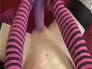 Fat fake penis self fucking in strippy socks